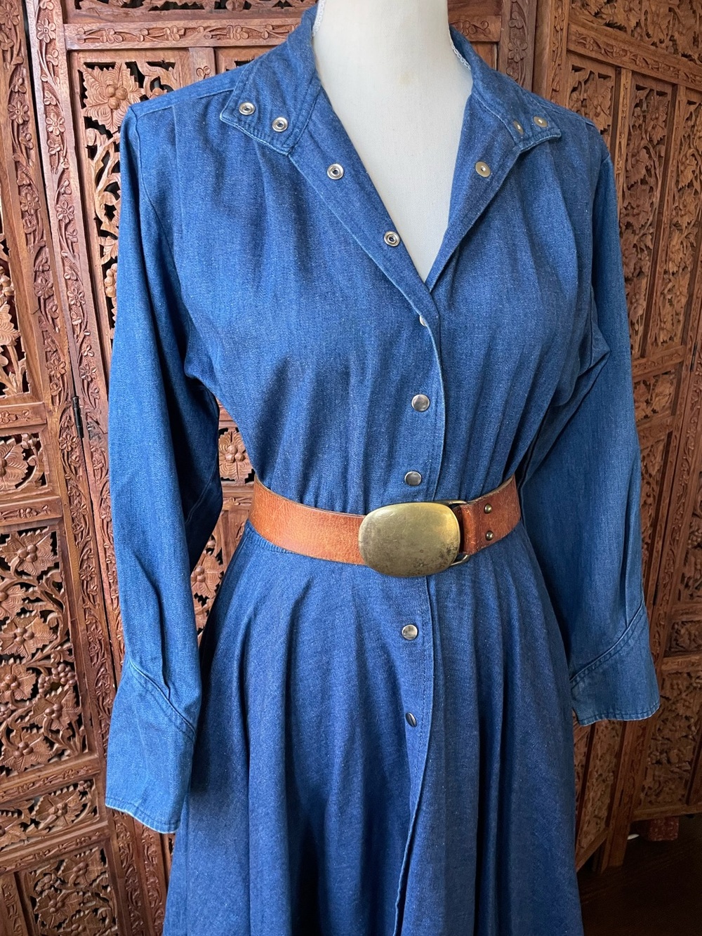 American Vintage Western Denim Jean Button-Front Midi Maxi Dress - Picture 4 of 16